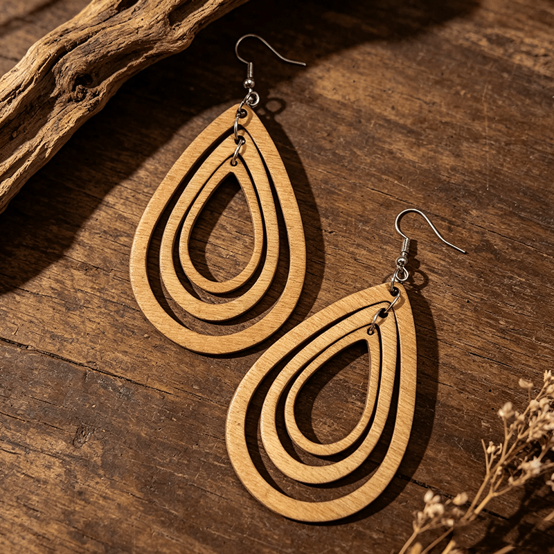 Bohemian Style 3-Layer Water Drop Wooden Earrings, Casual Chic